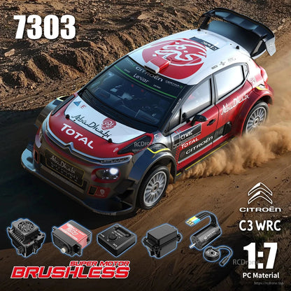 1:7 scale Citroën C3 WRC RC car with brushless motor, metal chassis, 4CH, 120m range. Includes branded components and essential electronics.