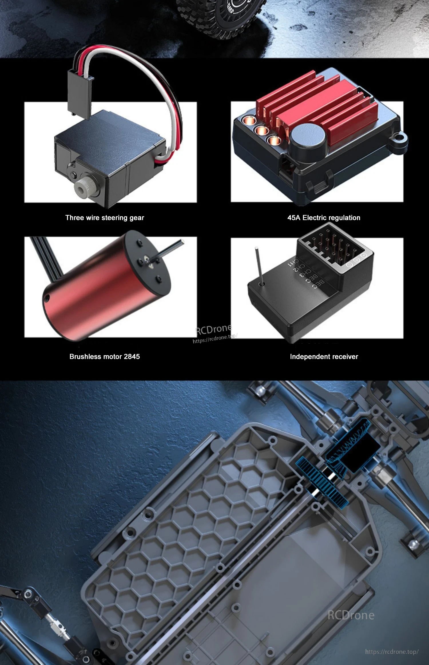 MJX Hyper Go 1/16 Brushless RC Car, RC car parts include 3-wire steering gear, 45A brushless motor (2845), electric speed controller, and independent receiver.