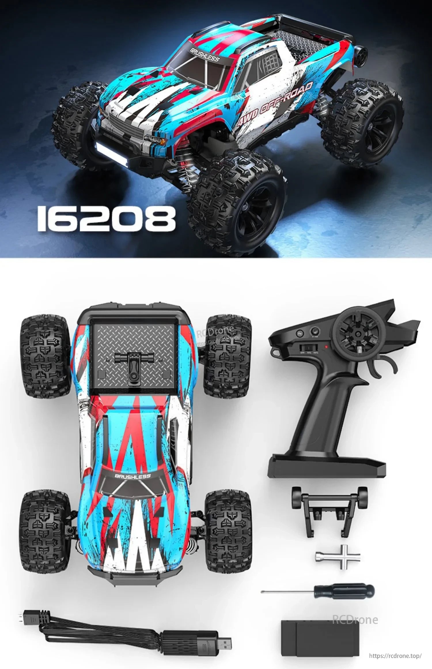 MJX Hyper Go 1/16 Brushless RC Car, The text describes an all-wheel-drive transmission featuring a metal drive system and metal bearings for enhanced durability.
