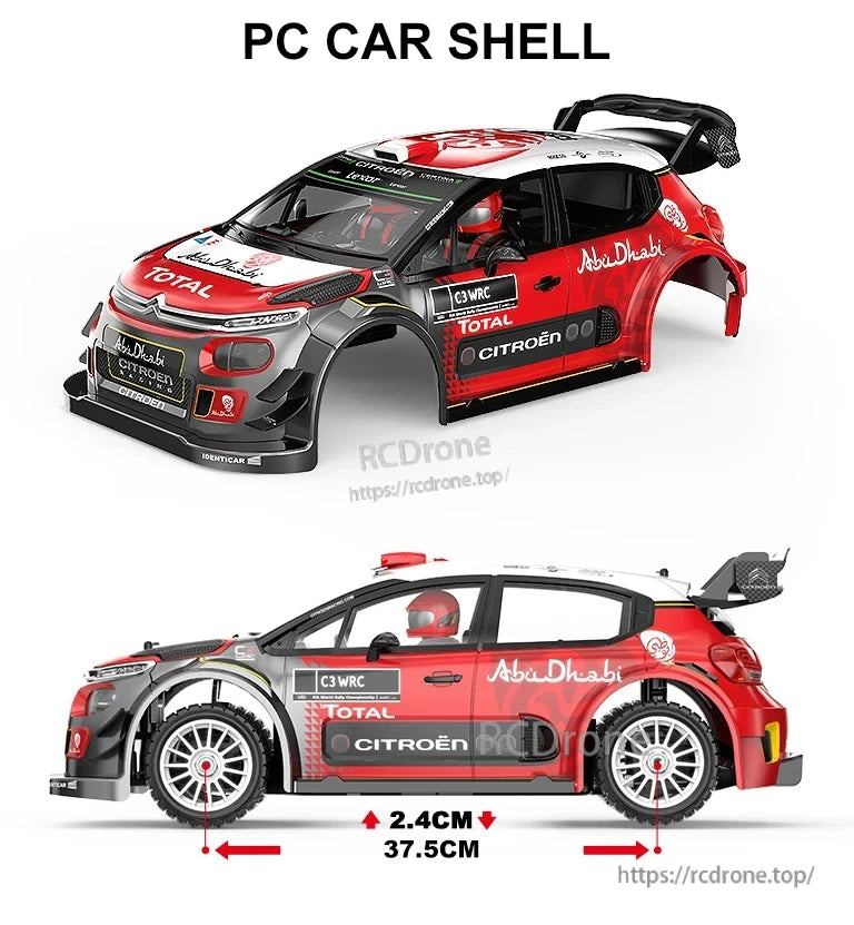 MJX Hyper Go RC Car, Citroën C3 WRC PC car shell, 37.5cm long, 2.4cm wheelbase, red and white with racing decals, Abu Dhabi and Total livery.
