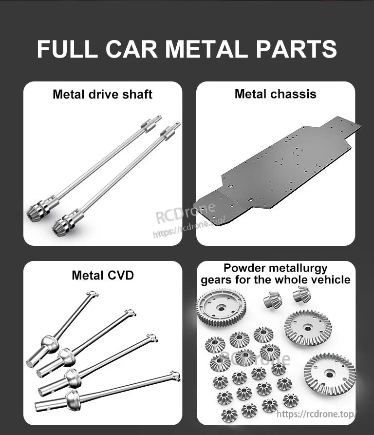 MJX Hyper Go RC Car, The vehicle features full metal components including drive shaft, chassis, CVD, and powder metallurgy gears for durability and performance.