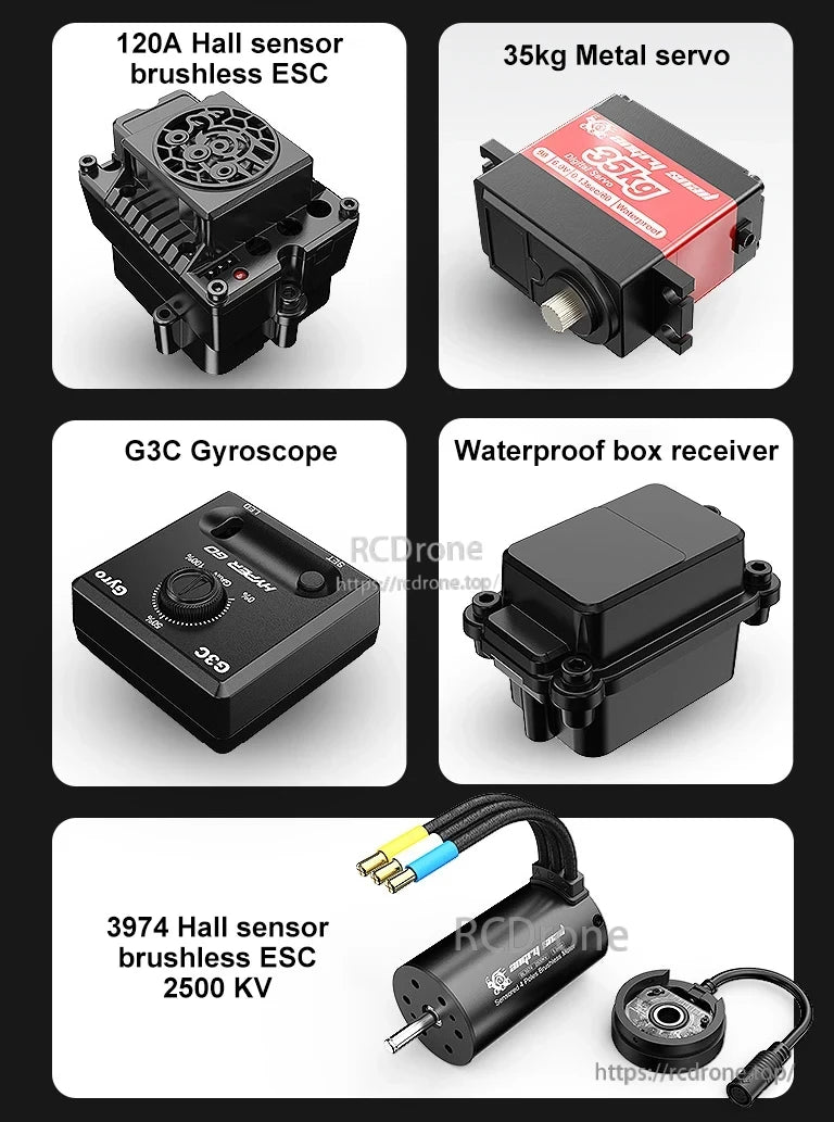 MJX Hyper Go RC Car, High-performance drone components: 120A and 3974 Hall sensor ESCs, 2500KV motor, 35kg metal servo, G3C gyro, and waterproof receiver.