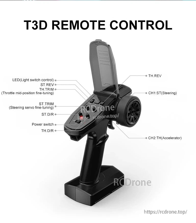 MJX Hyper Go RC Car, The T3D remote features LED, trim, D/R, switches, and channels for precise steering and throttle control.