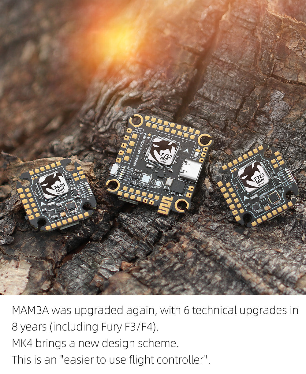 Diatone MAMBA F722 APP MK4 WIFI/DJI Flight Controller Stack - F7 45A/55A/65A 128K BLHeli32 ESC 6S 4in1 Dshot1200 Brushless ESC 10 MAMBA has 6 technical upgrades in 8 years, including Fury F3/F4