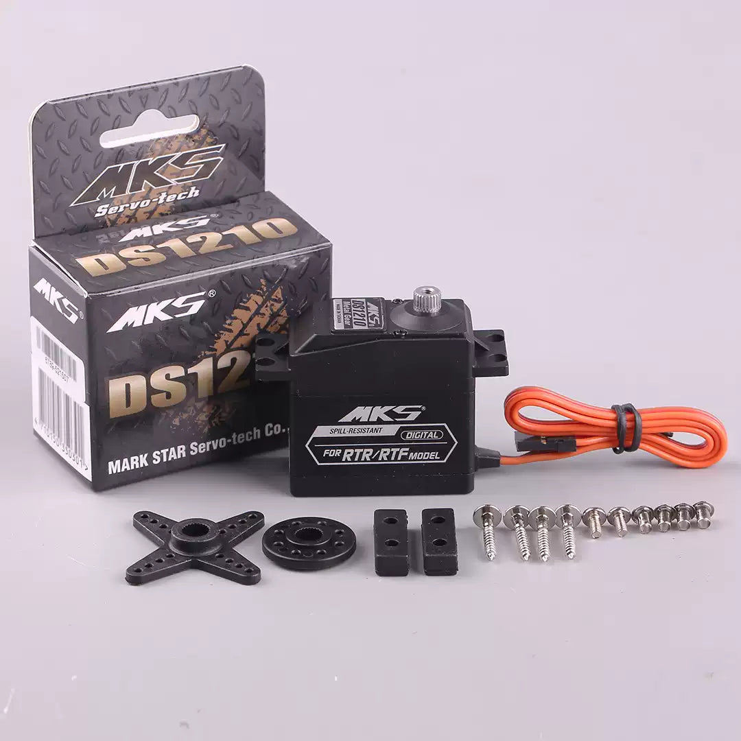 MKS DS1210 Metal Gear Standard Digital Servo, MKS DS1210 spill-resistant digital servo for RTR/RTF models, includes hardware, orange cable, and branded packaging.