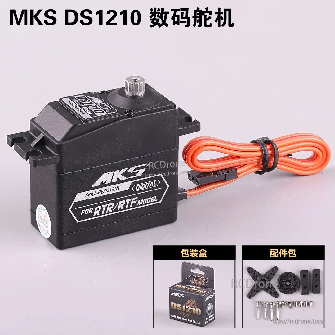 MKS DS1210 Metal Gear Standard Digital Servo, MKS DS1210 spill-resistant digital servo for RTR/RTF models, with metal gears, black casing, orange cable, and included mounting hardware.
