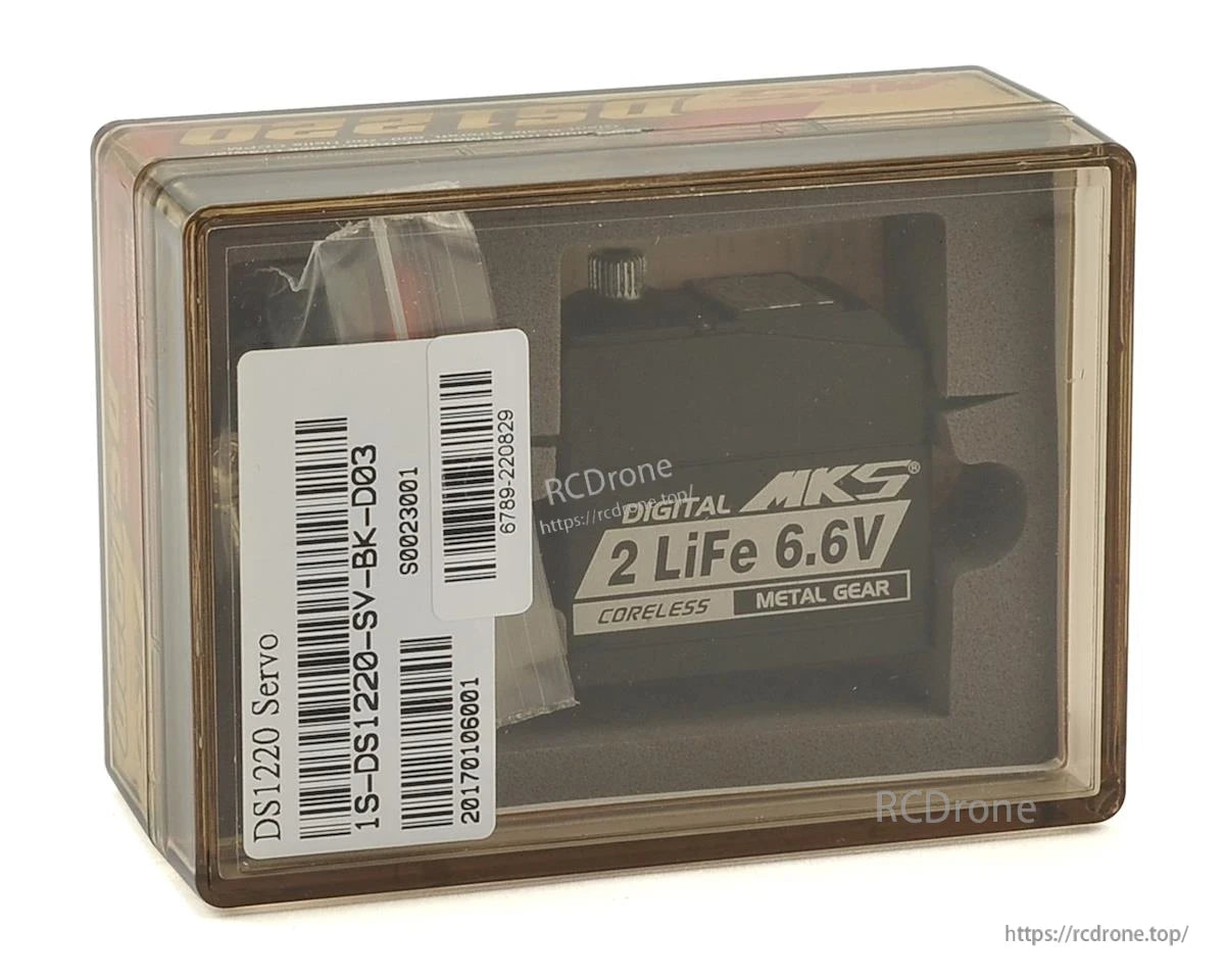 MKS DS1220 servo: digital, coreless, metal gear, 6.6V LiFe; model IS-DS1220-SV-BK-D03 with visible barcodes and serial numbers.