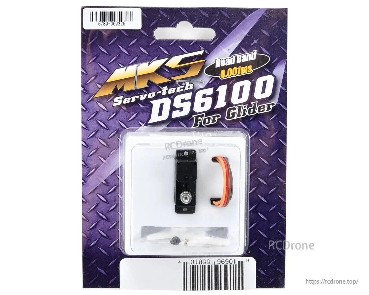 MKS DS6100 Servo, MKS Servo-tech DS6100 glider servo features 0.001ms dead band, includes orange cable, screws, and hardware on purple diamond plate packaging.