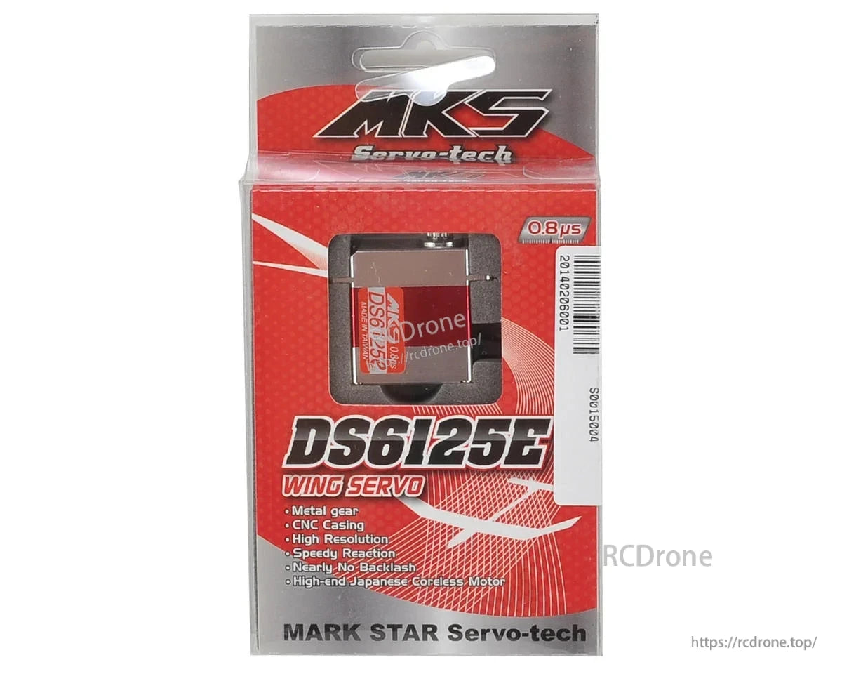 MKS DS6125E Servo, MKS DS6125E Wing Servo: metal gear, CNC casing, high-resolution, fast 0.8μs response, low backlash, coreless motor; ideal for gliders (4.8–7.0V).