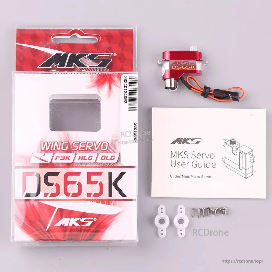 MKS DS65K Digital Servo, MKS DS65K digital servo for gliders: 8.5mm, 3.5–6V, 2.20 kg-cm torque; includes guide, hardware, and branded packaging.