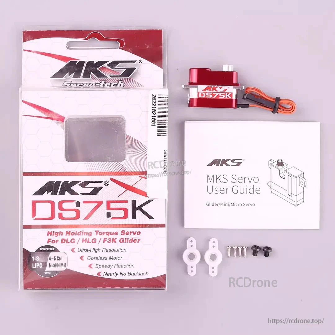 MKS DS75K Digital Micro Servo, MKS DS75K micro servo: coreless motor, metal gears, high torque, ultra-precise, fast response—ideal for DLG/HLG/F3K gliders. Includes hardware and guide.