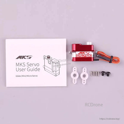 MKS DS75K Digital Micro Servo, MKS DS75K micro servo: coreless, metal gears, 7.5g, 3.5–6V, with guide and mounting hardware.