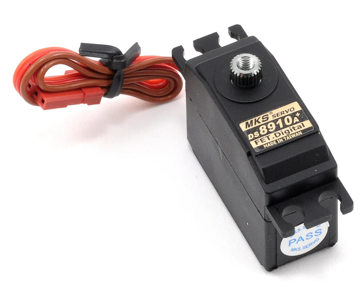 MKS DS8910A+ Servo, MKS DS8910A+ mini tail servo with titanium gears, high speed, red-brown cables, black housing, made in Taiwan.