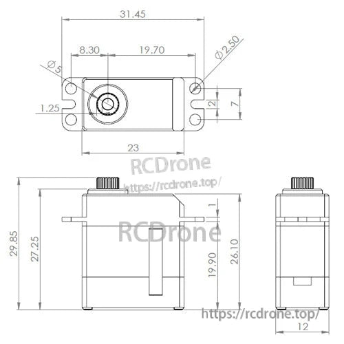 Digital tail servo for RC helicopters, 4.8V–7.0V, 760µs/560Hz, weighs 21.21g, includes dimensions.
