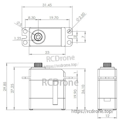 Digital tail servo for RC helicopters, 4.8V–7.0V, 760µs/560Hz, weighs 21.21g, includes dimensions.