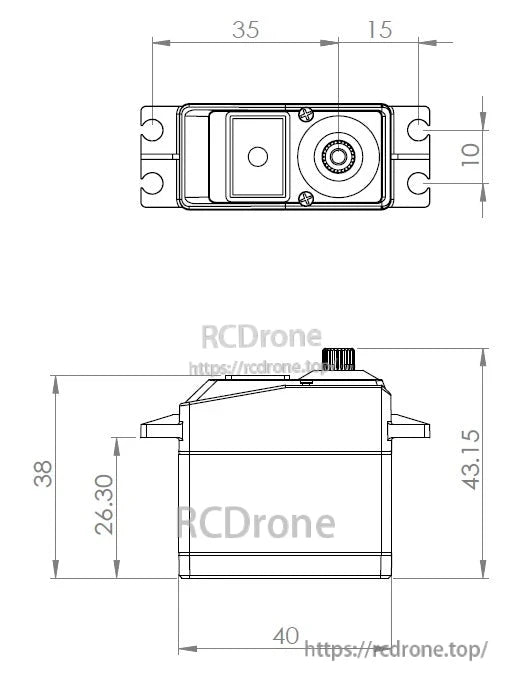 MKS DS9910 High Torque Coreless Servo, MKS DS9910 coreless servo motor operates at 4.8V–7.0V, measuring 35x15x10mm (top) and 40x38x43.15mm (side).