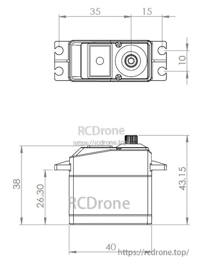MKS DS9910 High Torque Coreless Servo, MKS DS9910 coreless servo motor operates at 4.8V–7.0V, measuring 35x15x10mm (top) and 40x38x43.15mm (side).