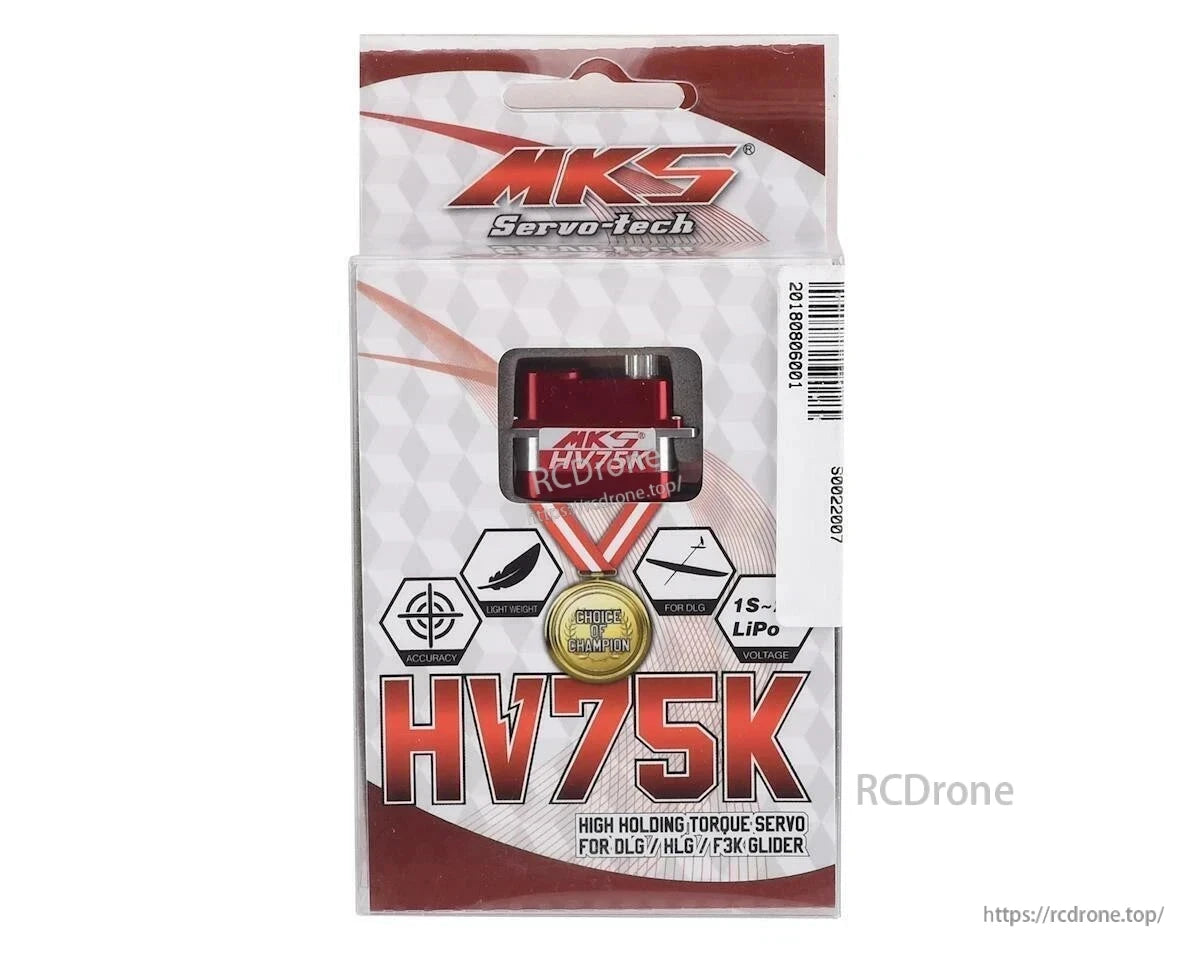 MKS HB75K / HV75K High-Voltage Digital Servo, MKS HV75K lightweight, precise servo for gliders; 1S LiPo compatible, champion-approved, with visible red body and icons highlighting key features.
