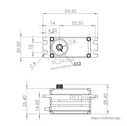 MKS HBL550L 8.4V Brushless Digital Servo, MKS HBL550L 8.4V brushless servo motor with metal gears, short version; dimensions provided.