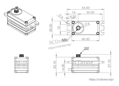 MKS HBL650SL x3 + HBL680SL x1 Servo, Brushless servo motor pack with metal gears, operates 4.8V–8.4V; includes detailed dimensions.