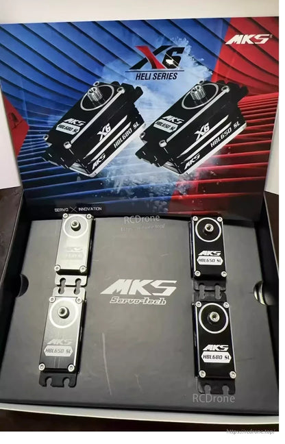 MKS HBL650SL x3 + HBL680SL x1 Servo, MKS X6 Heli pack includes three HBL650SL and one HBL680SL brushless servos for high-performance RC helicopters, compatible with 4.8V–8.4V systems.