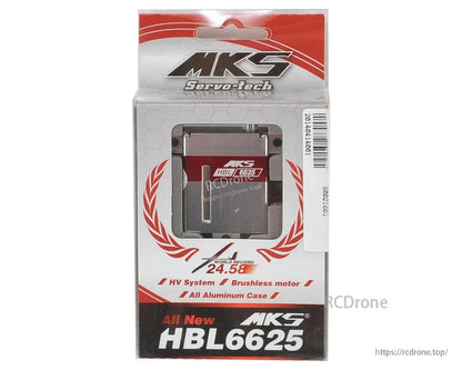 MKS HBL6625 Servo, The MKS HBL6625 servo motor features HV, brushless design, aluminum case, titanium gears, glider compatibility, CNC precision, and clear branding.