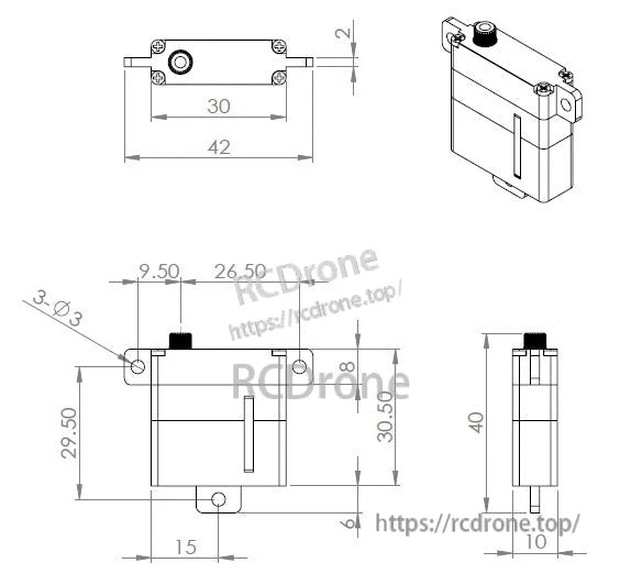 Mini titanium gear glider wing servo motor dimensions detailed.