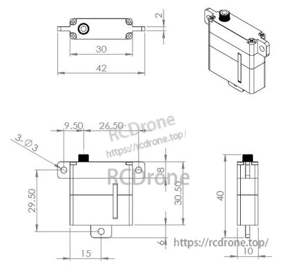 Mini titanium gear glider wing servo motor dimensions detailed.