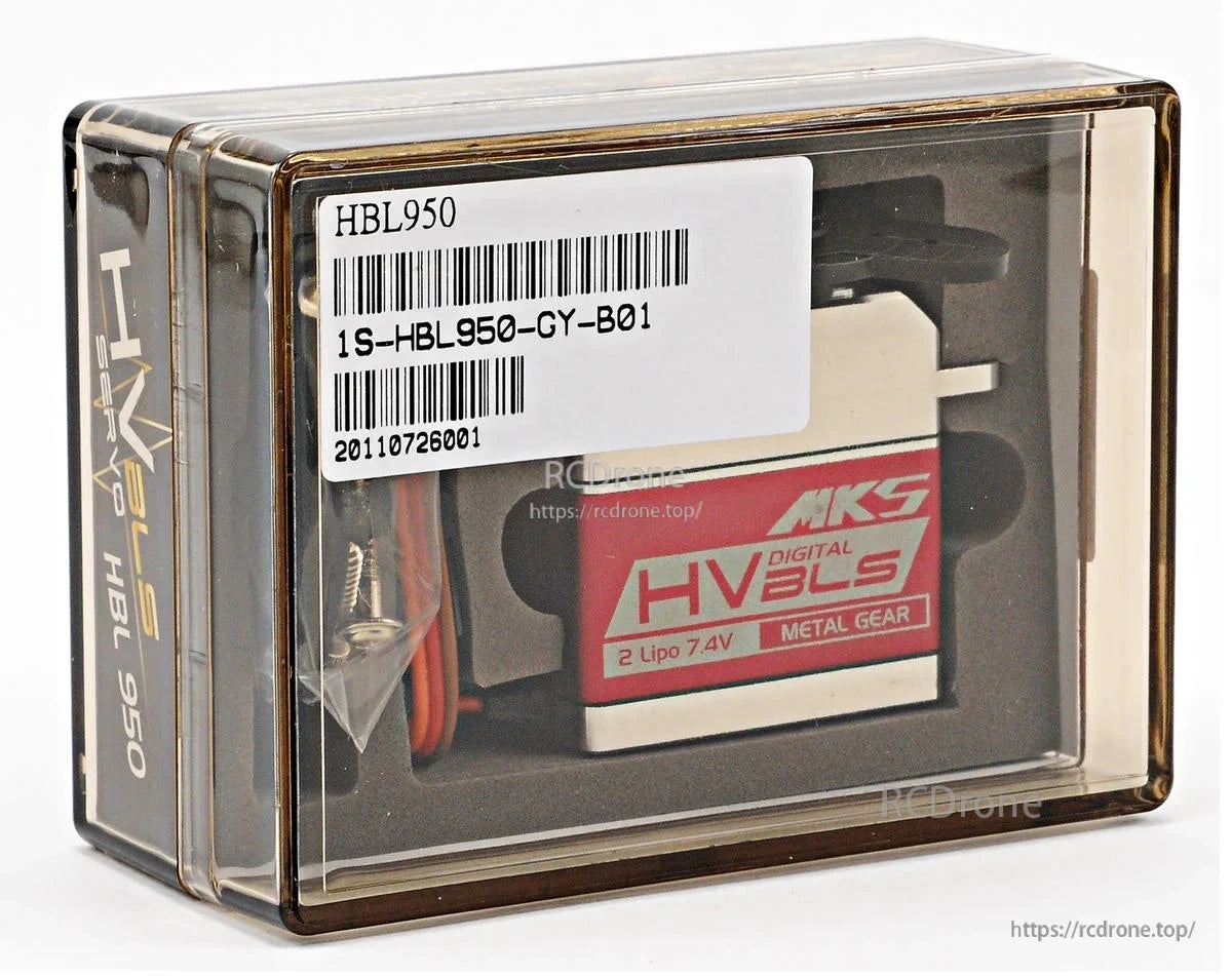 MKS HBL950 Swashplate Servo, MKS HBL950 brushless servo for RC helicopters: 6.0–8.4V, 18.18 kg-cm torque, metal gears, digital HV BLS, labeled with barcode.