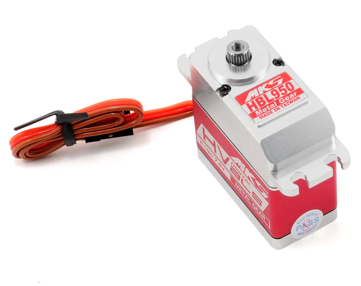 MKS HBL950 Swashplate Servo, MKS HBL950 brushless metal gear servo, 18.18 kg-cm torque, 6.0–8.4V, red-silver casing, made in Taiwan.
