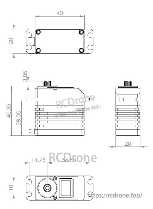 MKS HBL960 x3 + HBL990 x1 Servo, 40x20x34.75mm RC servo combo pack with mounting holes and gear specs.