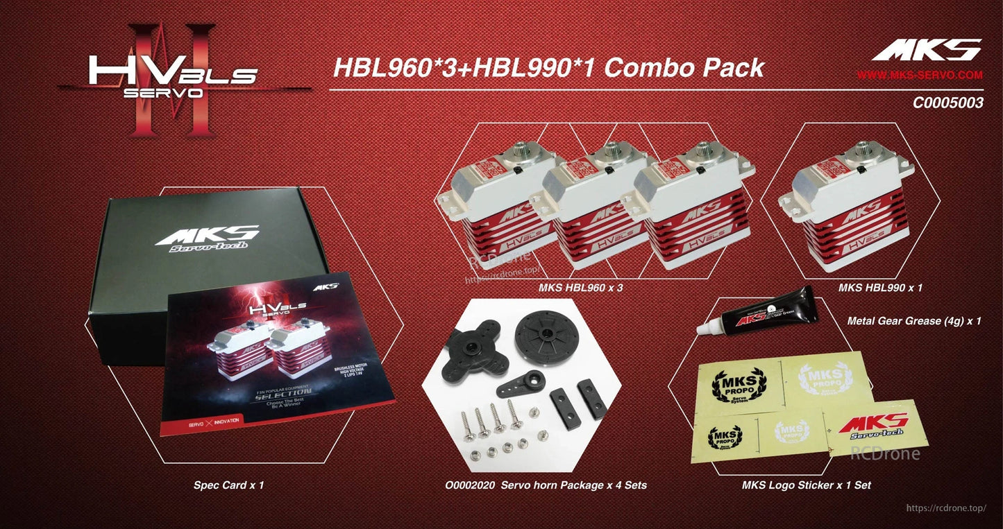 MKS HBL960 x3 + HBL990 x1 Servo, MKS HBL combo pack includes servos and accessories for swashplate/tail rotor, operating at 6.0V–8.4V.