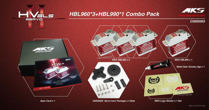 MKS HBL960 x3 + HBL990 x1 Servo, MKS HBL combo pack includes servos and accessories for swashplate/tail rotor, operating at 6.0V–8.4V.