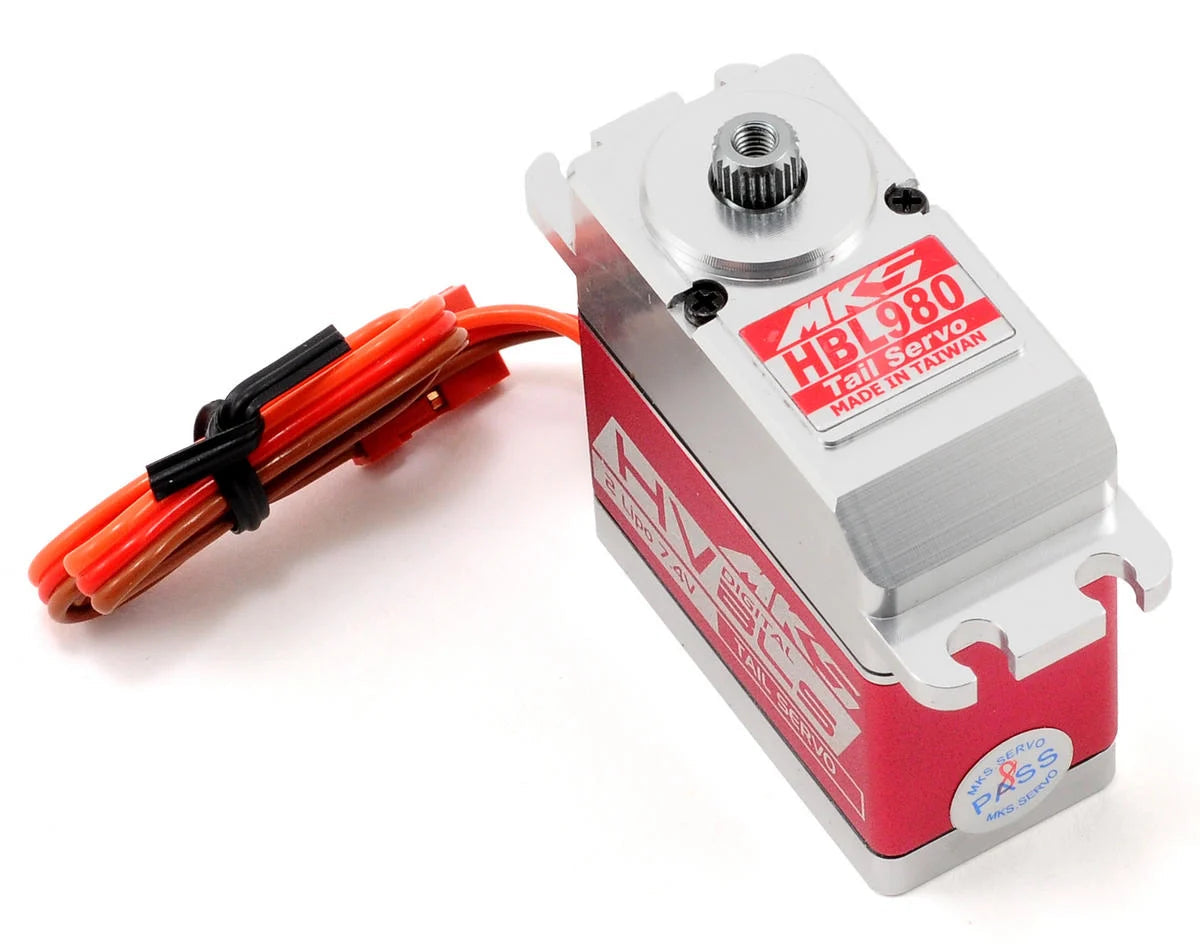 MKS HBL980 Servo, MKS HBL980 brushless tail servo with metal gears, 6.0–8.4V, 760µs/560Hz, red-silver casing, made in Taiwan.