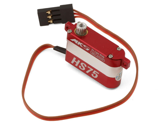MKS Servo, MKS HS75: lightweight, high-voltage digital servo with metal gears, Hall sensor, 55.5 oz-in torque, for 2S LiPo wing/aileron applications.