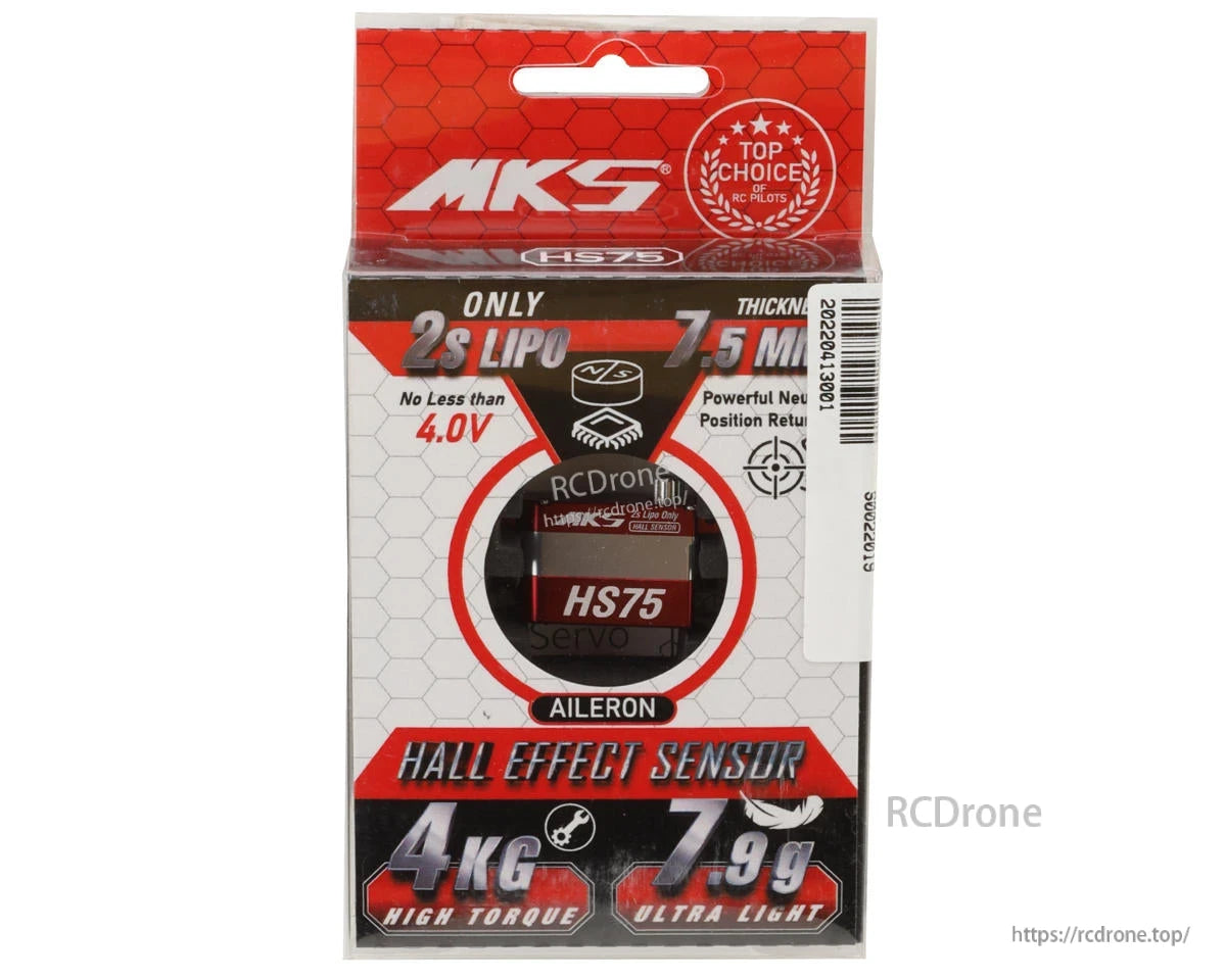 MKS Servo, MKS HS75: 4kg torque, 7.9g Hall Effect servo for ailerons, metal gear, 2S LiPo compatible, 7.5mm thick, high-voltage digital.