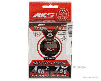 MKS Servo, MKS HS75: 4kg torque, 7.9g Hall Effect servo for ailerons, metal gear, 2S LiPo compatible, 7.5mm thick, high-voltage digital.