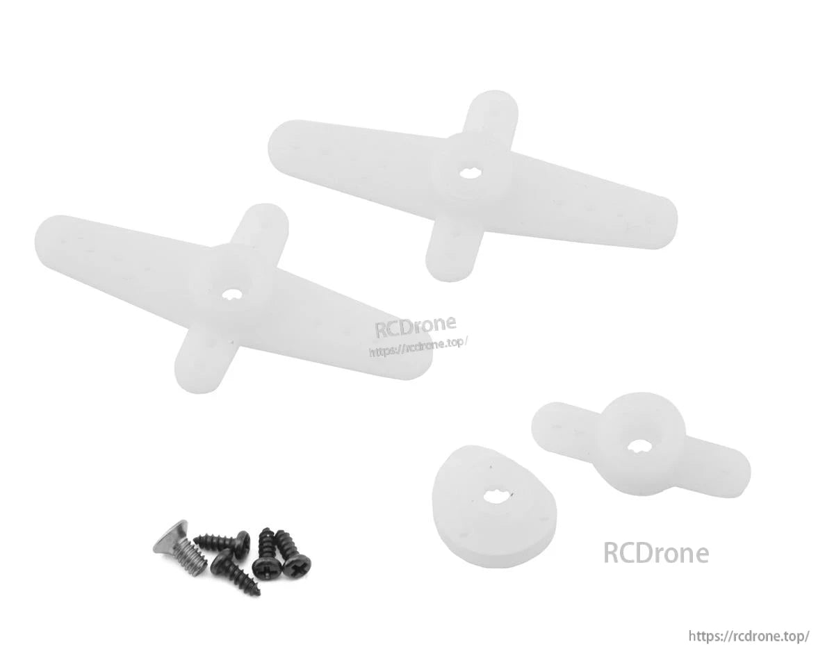 MKS Servo, White plastic drone propellers with black mounting screws included.