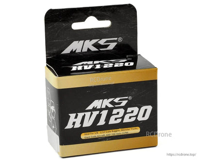 MKS HV1220 servo suits 1/8–1/10 buggies, monster trucks, large aircraft, and 600–700 helis; comes in black and gold packaging.