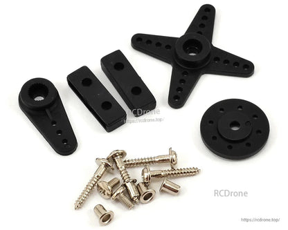 Black servo mounting hardware with screws and plastic brackets for RC drone assembly.