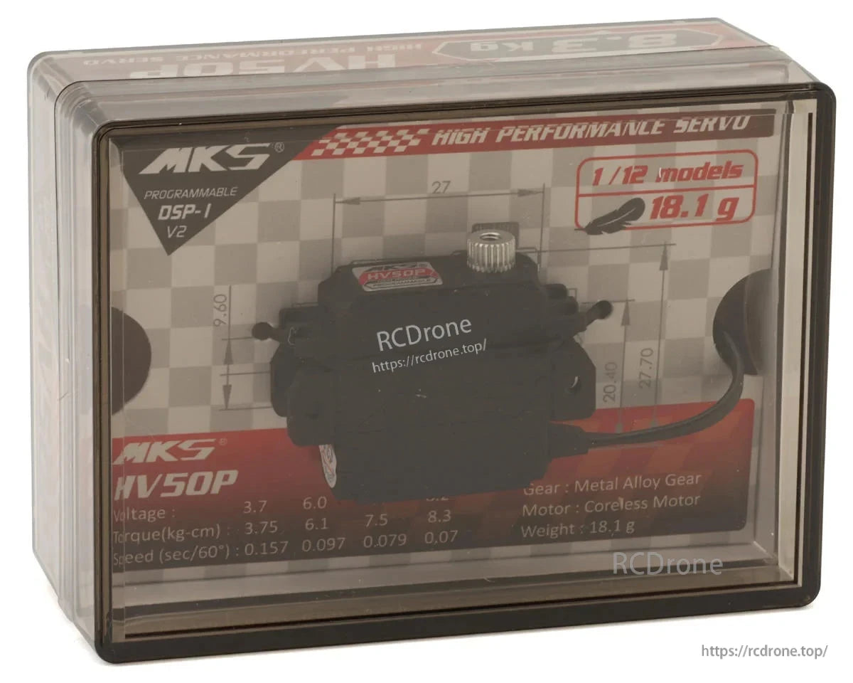 MKS Servo, MKS HV50P servo: programmable, metal gears, coreless motor, 18.1g, 3.7–8.4V, 8.3 kg-cm torque, 0.07 sec/60° speed.