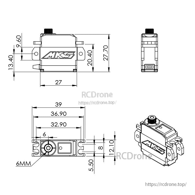 MKS Servo, MKS HV50P servo features metal gears, operates 3.7V–8.4V, and has a compact design with detailed dimensions.