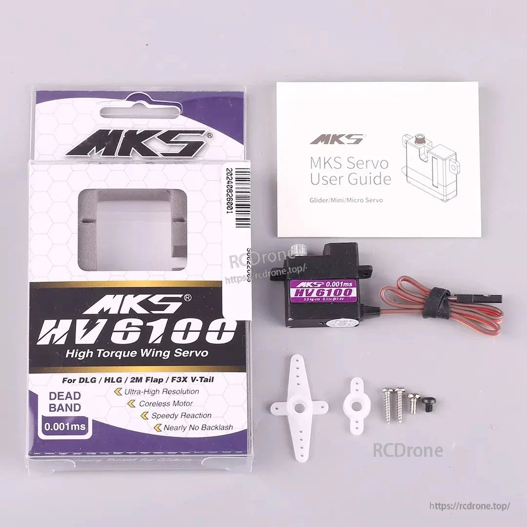 MKS HV6100 high-torque servo offers ultra-high resolution, coreless motor, fast response, minimal backlash, and 3.4kg-cm torque at 7.4V for DLG/HLG/F3X models.