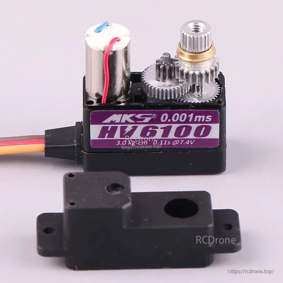 MKS HV6100 servo offers 3.0 kg-cm torque, 0.11s speed at 7.4V, 0.001ms precision, metal gears, and a coreless motor.