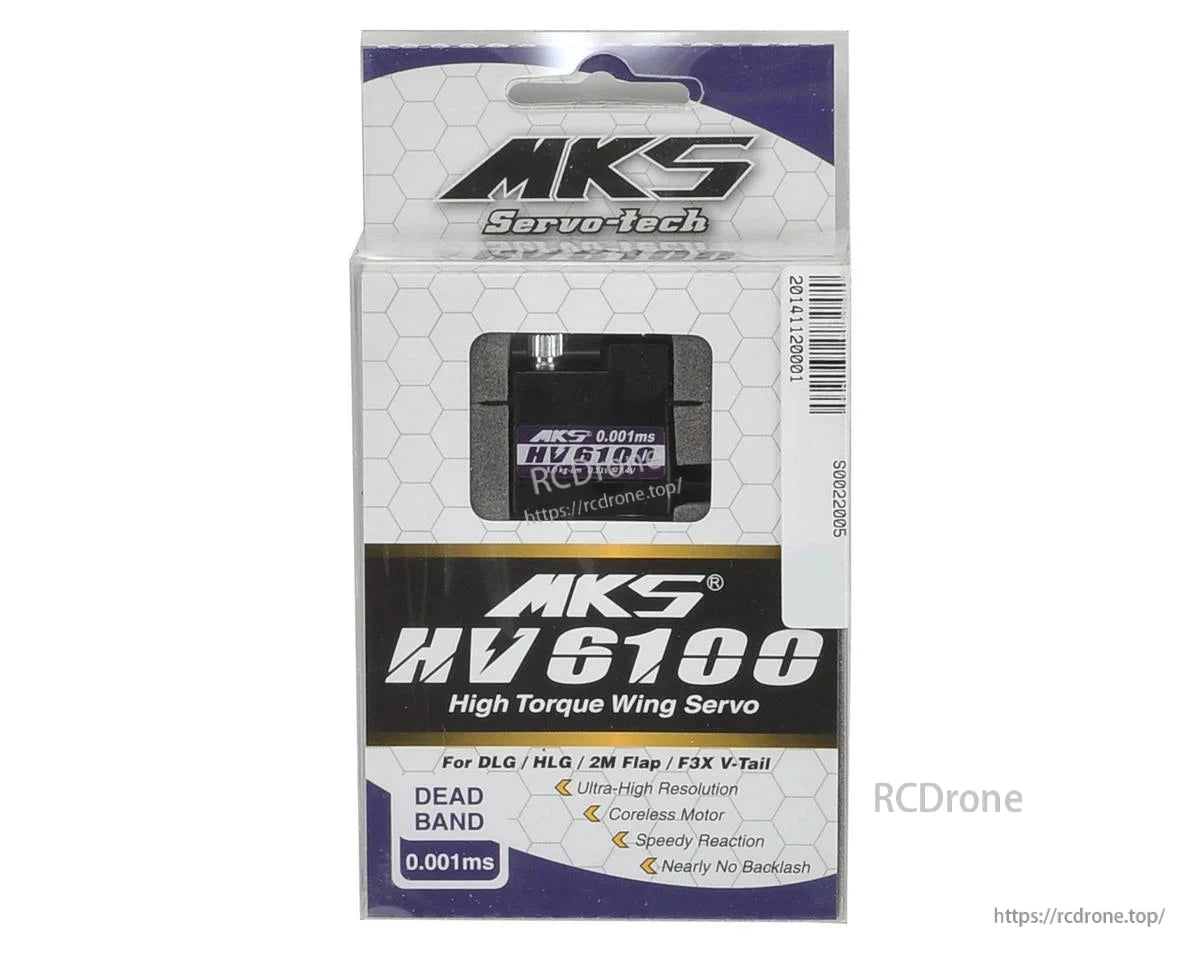 MKS HV6100 high-torque servo for RC gliders offers ultra-high resolution, fast response, minimal backlash, and operates at 6.0–8.4V.