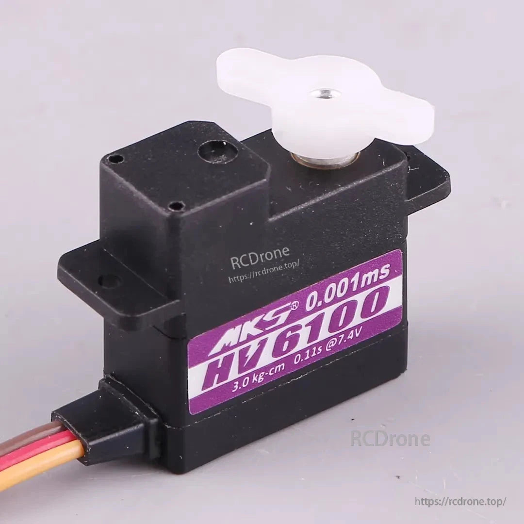 MKS HV6100 servo offers 3.0 kg-cm torque, 0.11s speed at 7.4V, high precision, coreless motor, metal gears, and 6–8.4V operation.
