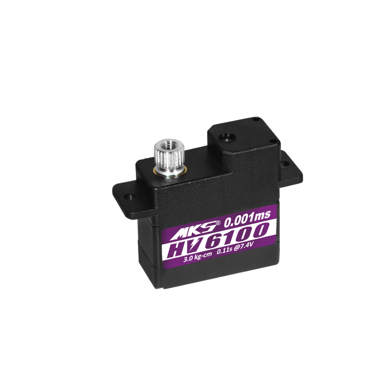 MKS HV6100 servo offers 3.0 kg-cm torque, 0.11s speed at 7.4V, metal gears, coreless motor, and high-voltage compatibility.
