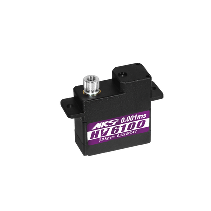 MKS HV6100 servo offers 3.0 kg-cm torque, 0.11s speed at 7.4V, metal gears, coreless motor, and high-voltage compatibility.