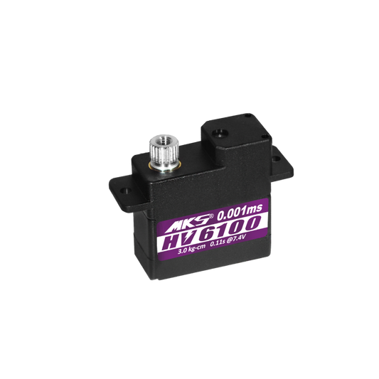 MKS HV6100 servo offers 3.0 kg-cm torque, 0.11s speed at 7.4V, metal gears, coreless motor, and high-voltage compatibility.