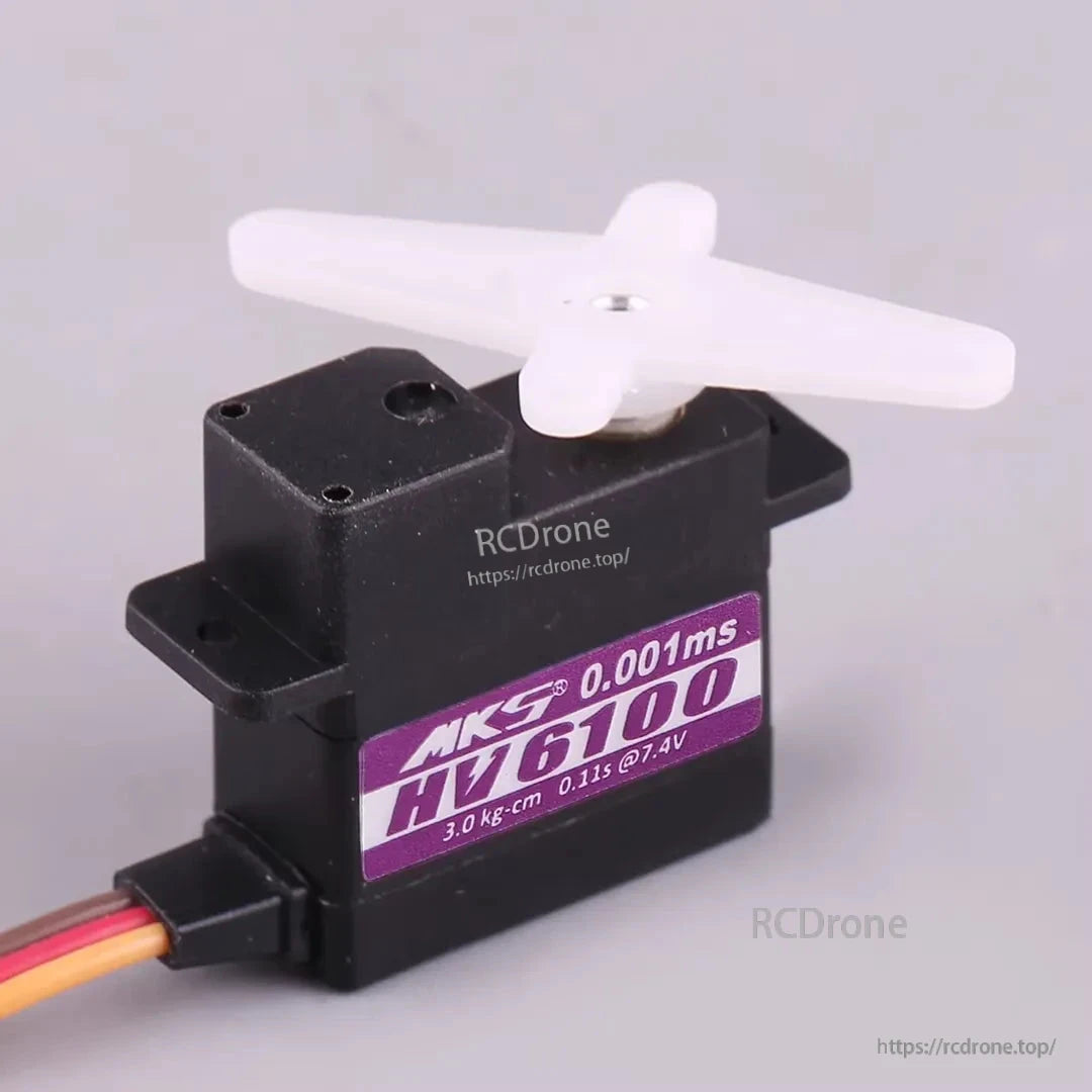 MKS HV6100 servo: 3.0 kg-cm torque, 0.11s speed at 7.4V, 0.001ms precision, coreless, high-voltage compatible.